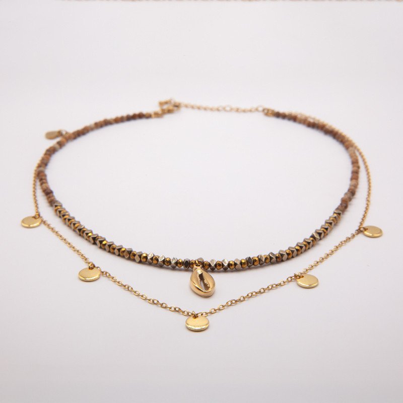 Collier jaspe naturel & coquillage doré "Dune" – Élégance solaire et ancrage doux | Petit Cœur