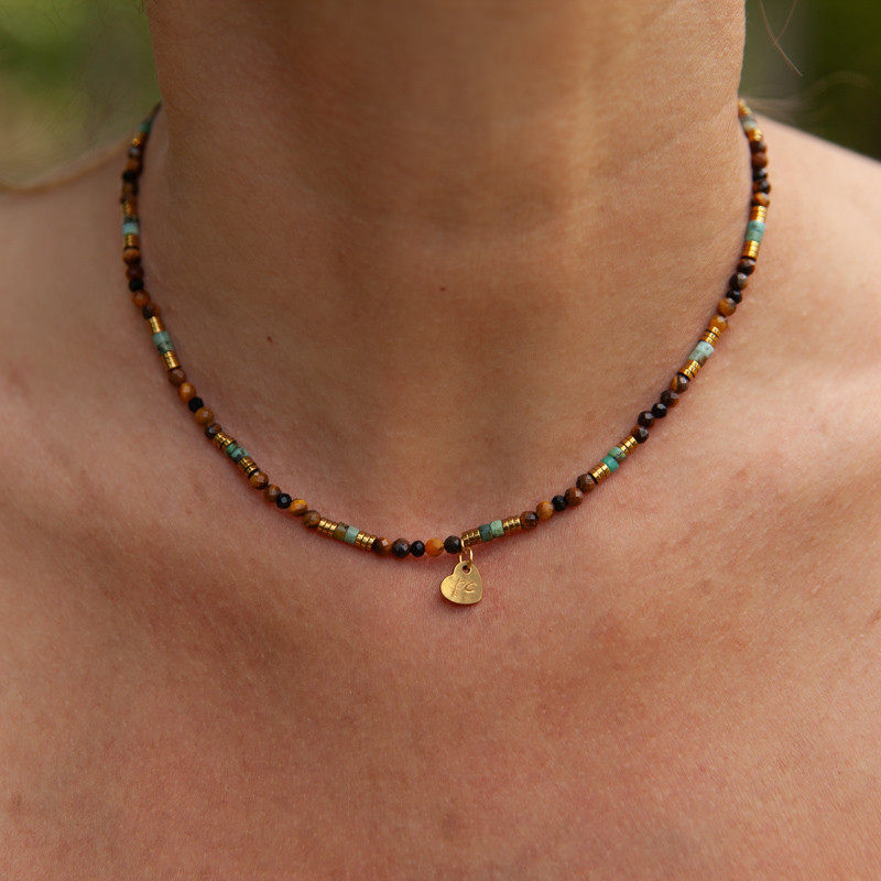 Collier radial œil de tigre & turquoise "Terre de sienne" – Ancrage solaire et expression libre | Petit Cœur