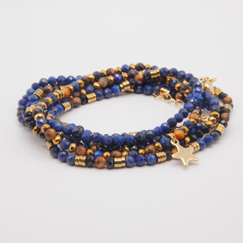 Auréa – Bracelet-Collier en Lapis Lazuli, Œil de Tigre & Hématite dorée | Bijou lumineux & protecteur