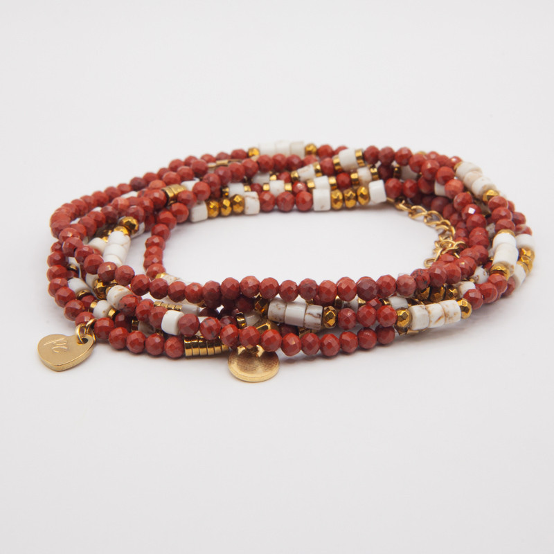 Bracelet Collier "Baiser volé" Jaspe Rouge & Howlite – Bijou 6 tours