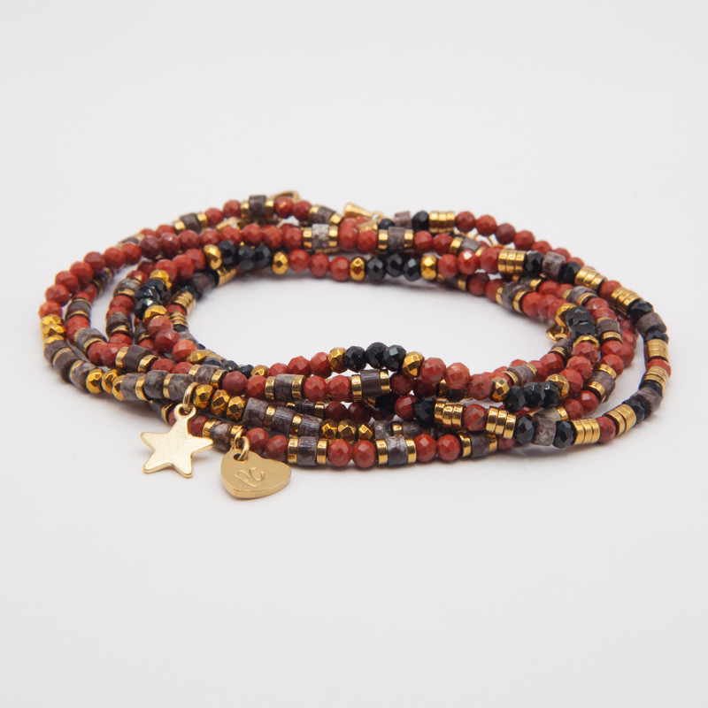 Bracelet Collier"Allure Cherry" Jaspe Rouge, Obsidienne & Hématite Dorée