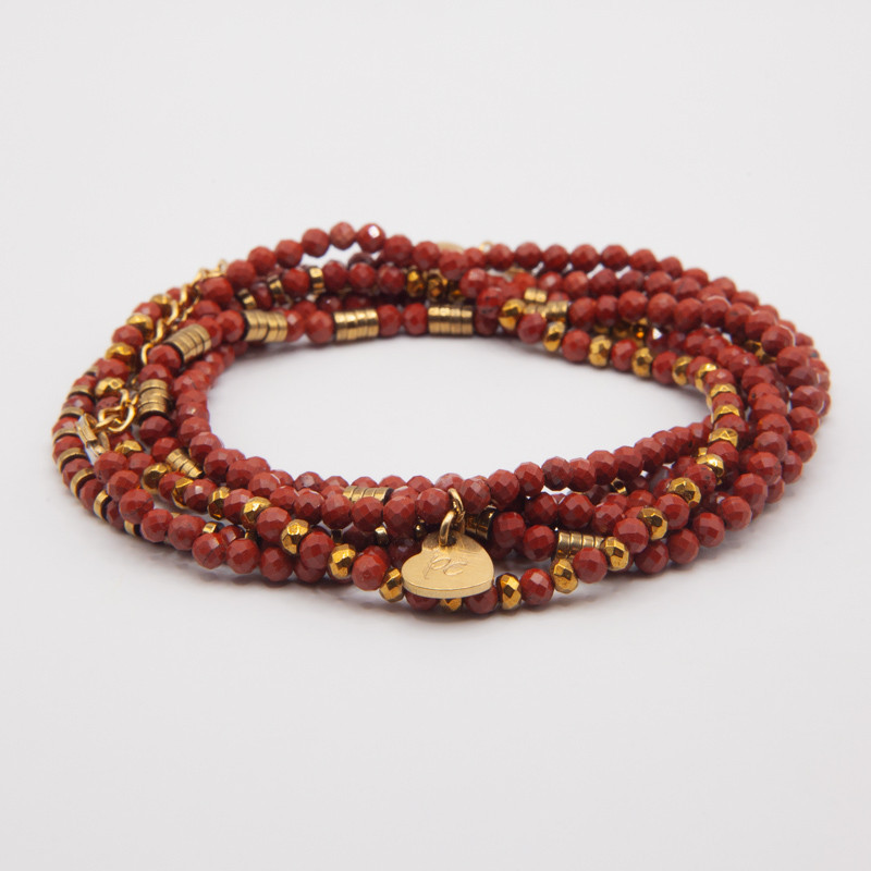 Bracelet Collier "Tentation"  Jaspe Rouge & Hématite Dorée – 6 tours