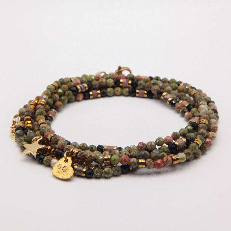 Bracelet Collier "L'Odyssé"  Unakite & Rhodonite – Bijou 6 tours