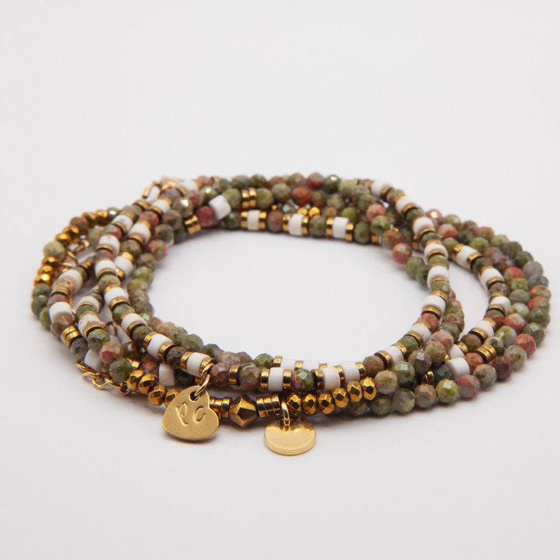 Bracelet Collier "Kalinda" Unakite & Howlite – Bijou 6 tours