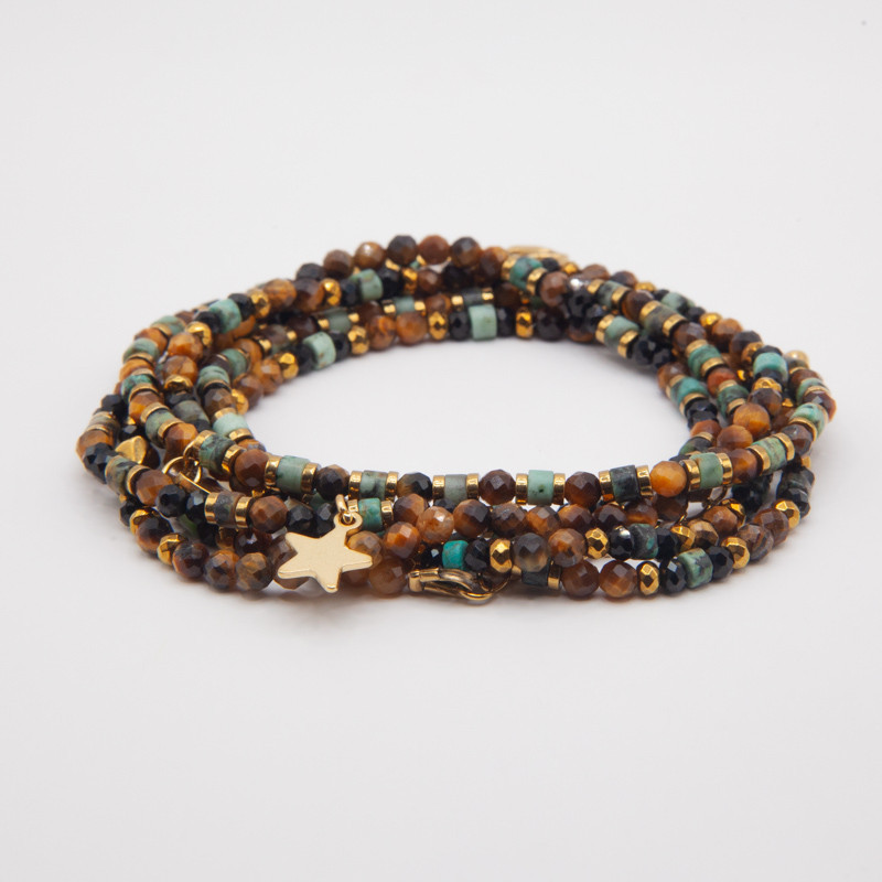 Bracelet Collier "Ciel de sienne" Turquoise & Œil de Tigre – 6 tours