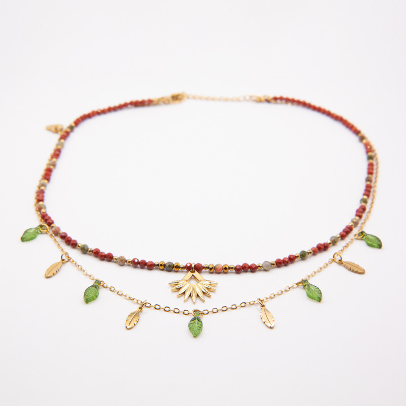 Collier double Sélénia en jaspe rouge et turquoise — Collection Gaïa | Petit Cœur Bijoux