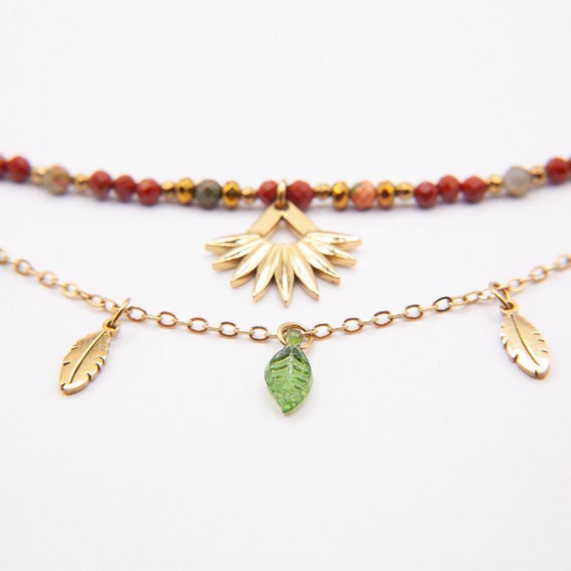 Collier double Sélénia en jaspe rouge et turquoise — Collection Gaïa | Petit Cœur Bijoux
