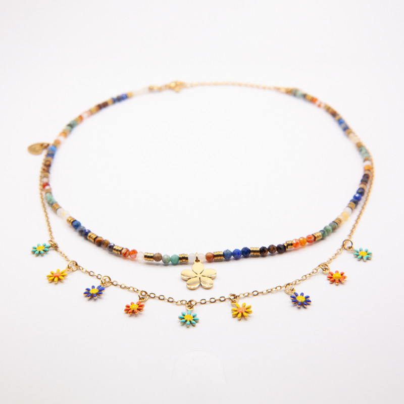 Collier double Floralis en pierres naturelles et fleur dorée | Petit Cœur Bijoux