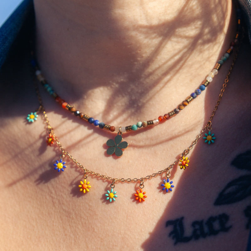 Collier double Floralis en pierres naturelles et fleur dorée | Petit Cœur Bijoux
