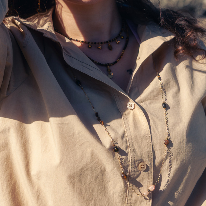 Sautoir Oniris – Obsidienne & Œil de Tigre | Collection Noctalis | Petit Cœur Bijoux