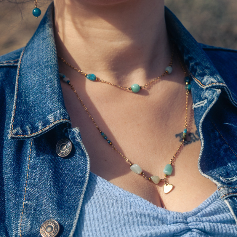 Sautoir Coraline – Apatite bleue & Jade vert | Collection Célestine | Petit Cœur Bijoux