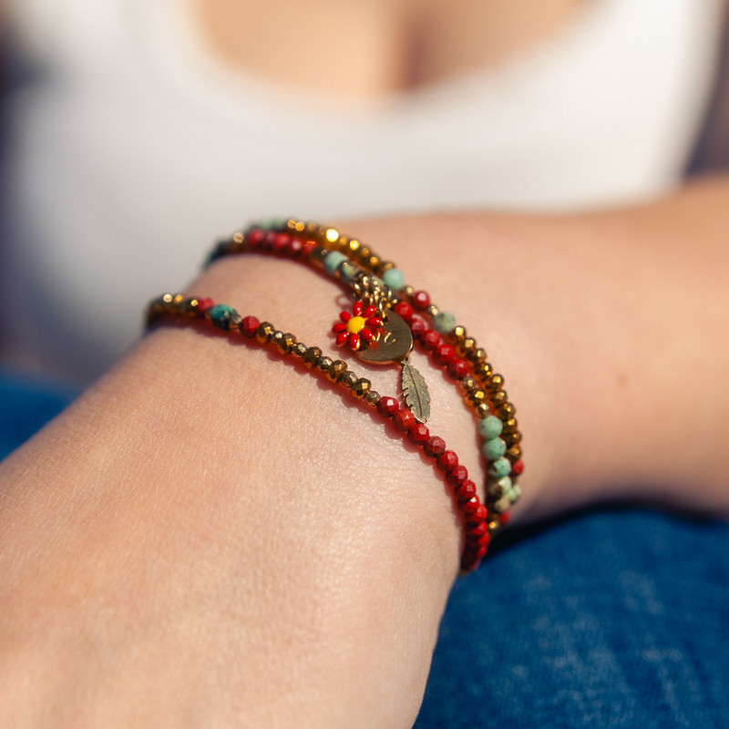 Bracelet-collier 3 tours Floria en jaspe rouge et turquoise -Collection gaia| Petit Cœur