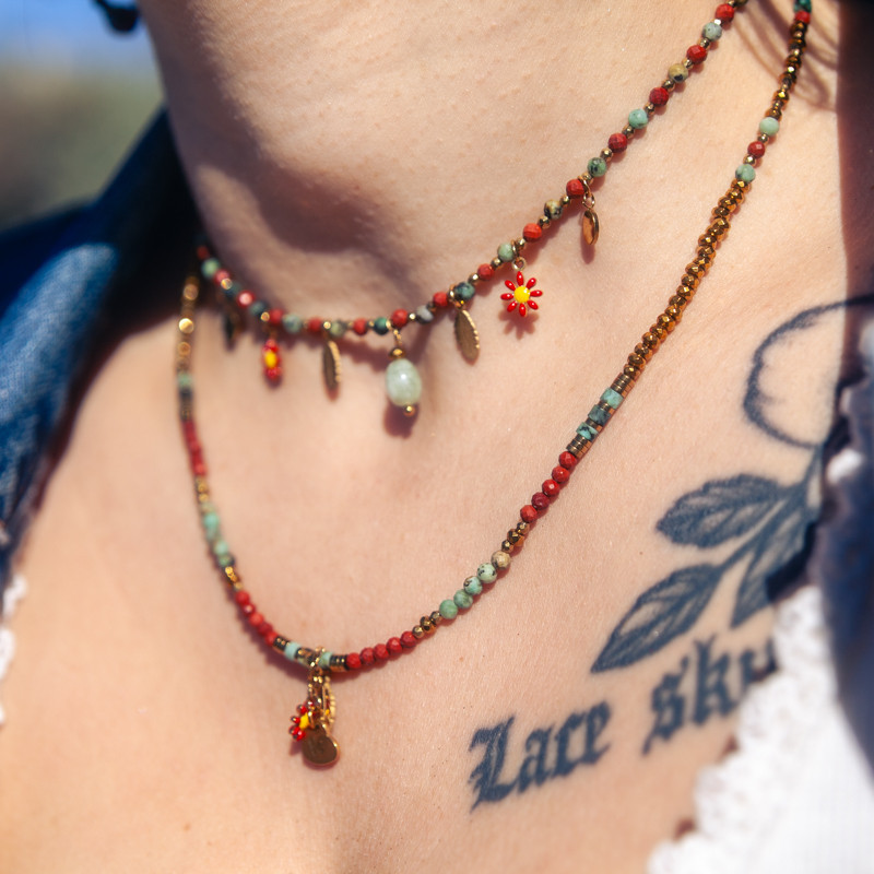 Bracelet-collier 3 tours Floria en jaspe rouge et turquoise -Collection gaia| Petit Cœur