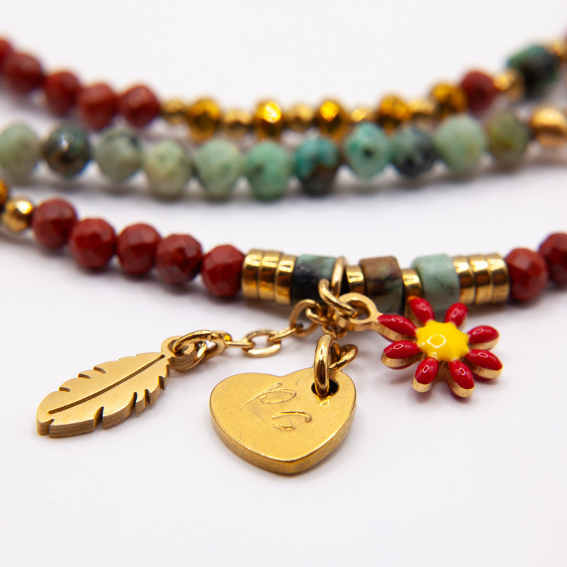 Bracelet-collier 3 tours Floria en jaspe rouge et turquoise -Collection gaia| Petit Cœur