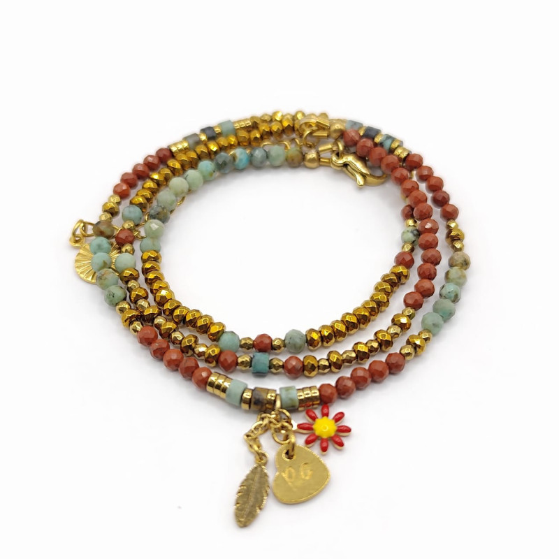 Bracelet-collier 3 tours Floria en jaspe rouge et turquoise -Collection gaia| Petit Cœur