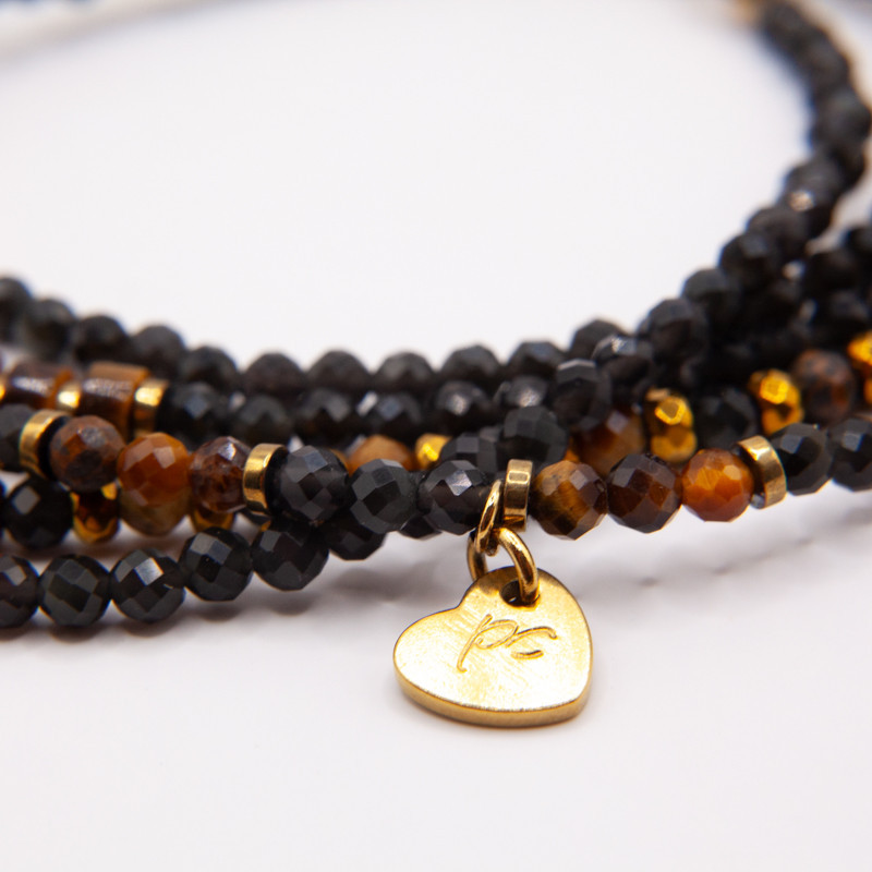 Calice – Bracelet-collier 6 tours en obsidienne et œil de tigre | Petit Cœur