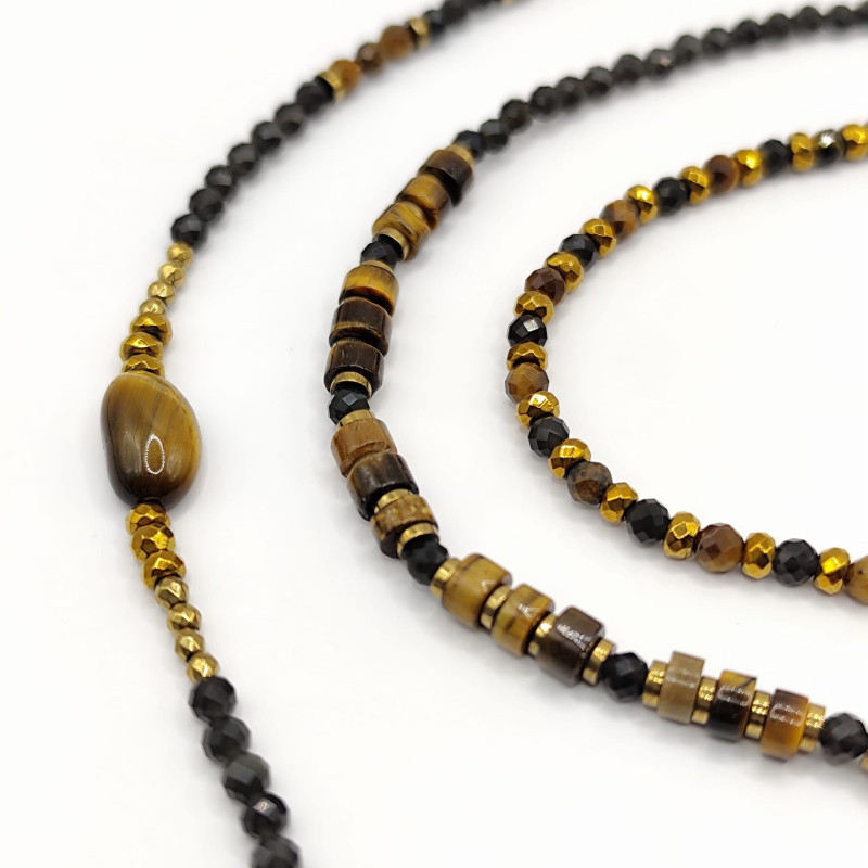 Calice – Bracelet-collier 6 tours en obsidienne et œil de tigre | Petit Cœur