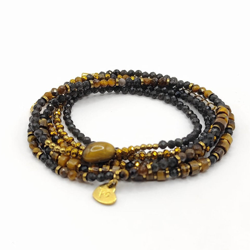 Calice – Bracelet-collier 6 tours en obsidienne et œil de tigre | Petit Cœur
