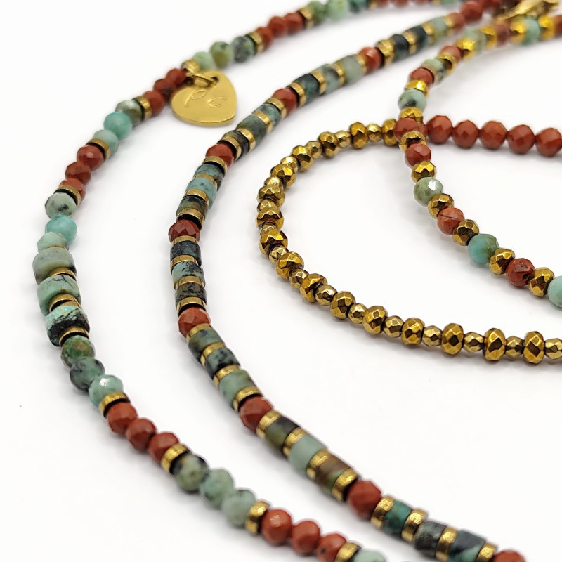Bracelet-collier Nalia en jaspe rouge et turquoise — Collection Gaïa | Petit Cœur Bijoux
