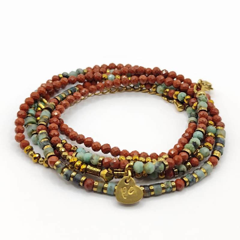 Bracelet-collier Nalia en jaspe rouge et turquoise — Collection Gaïa | Petit Cœur Bijoux