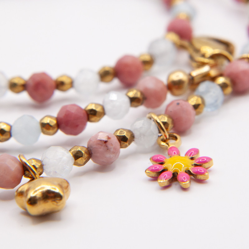 Collier ras-de-cou Nouméa en tourmaline rose, aigue-marine et pierre de soleil | Petit Cœur Bijoux