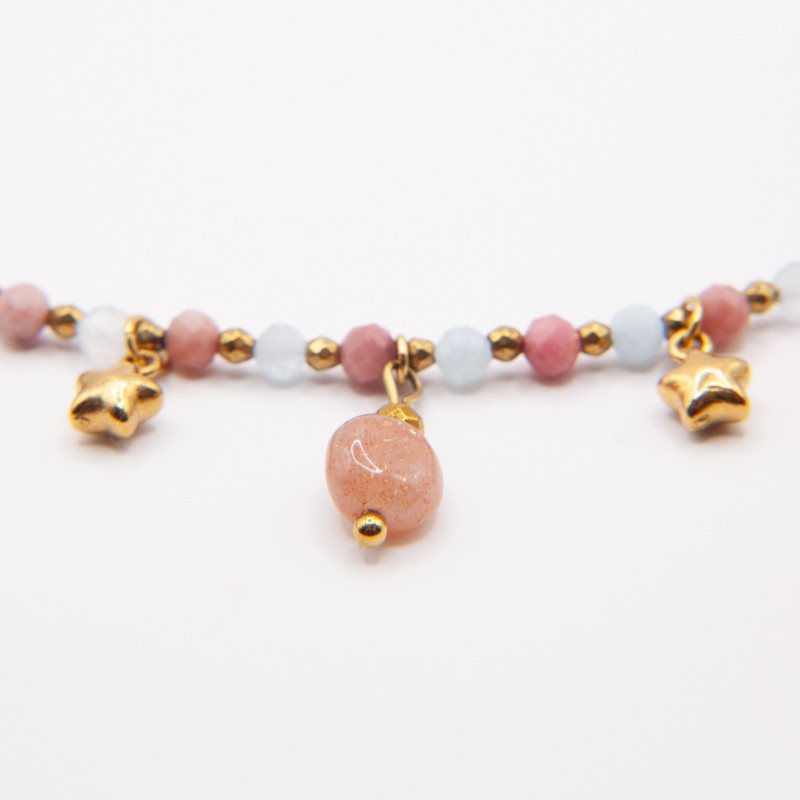 Collier ras-de-cou Nouméa en tourmaline rose, aigue-marine et pierre de soleil | Petit Cœur Bijoux