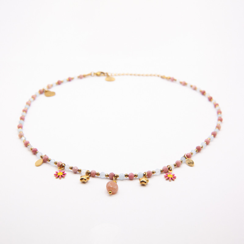 Collier ras-de-cou Nouméa en tourmaline rose, aigue-marine et pierre de soleil | Petit Cœur Bijoux