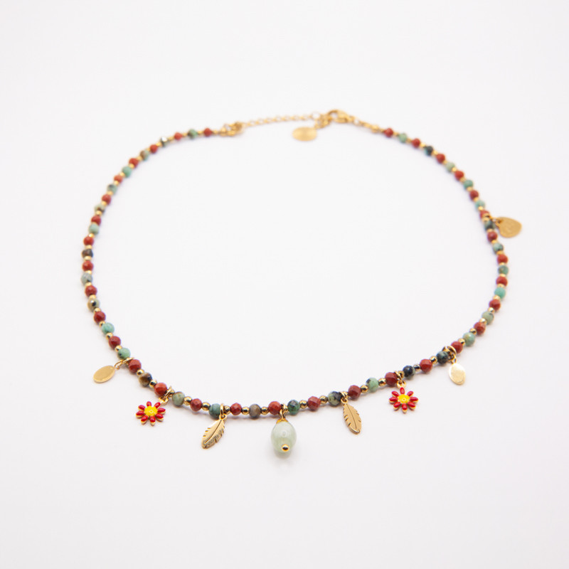 Collier ras-de-cou Camélia – Jaspe Rouge, Turquoise & Jade Vert | Collection Gaïa | Petit Cœur Bijoux