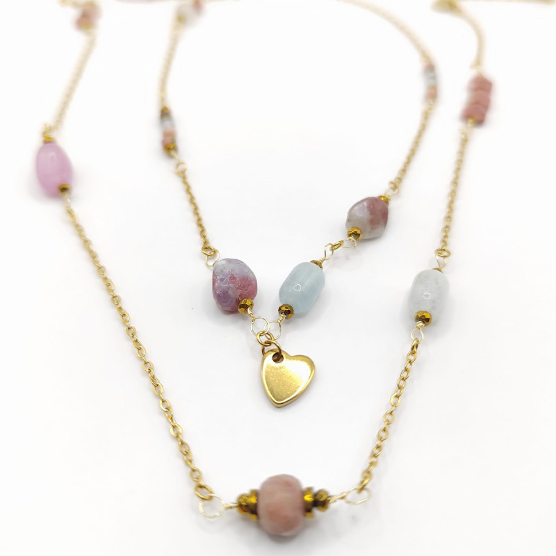 Sautoir Lyria – Tourmaline rose & Aigue-marine | Collection Noéma | Petit Cœur Bijoux