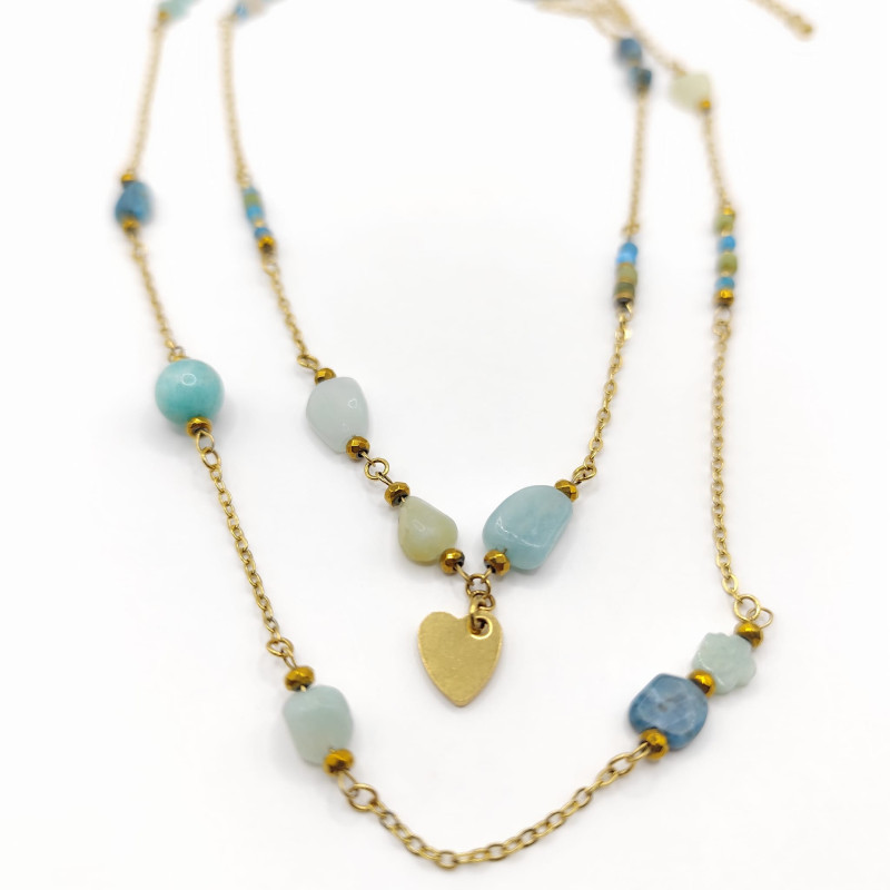Sautoir Coraline – Apatite bleue & Jade vert | Collection Célestine | Petit Cœur Bijoux