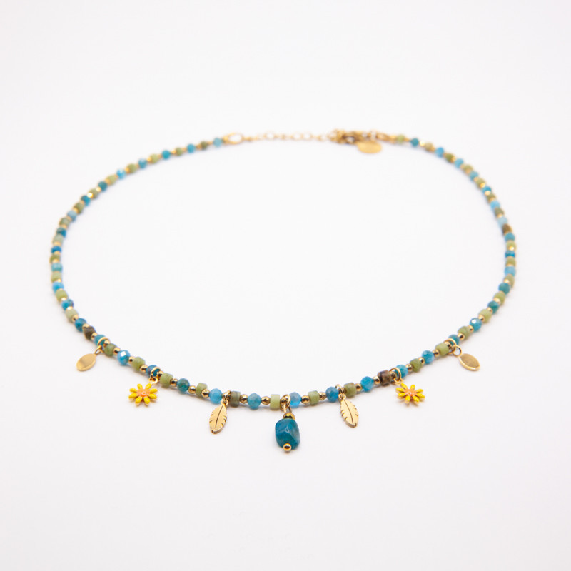 Collier ras-de-cou Colombine en apathite bleue et jade vert – Petit Cœur