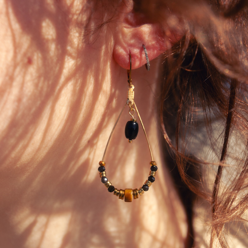 Boucles d’oreilles Lunis – Obsidienne & Œil de Tigre | Collection Noctalis | Petit Cœur