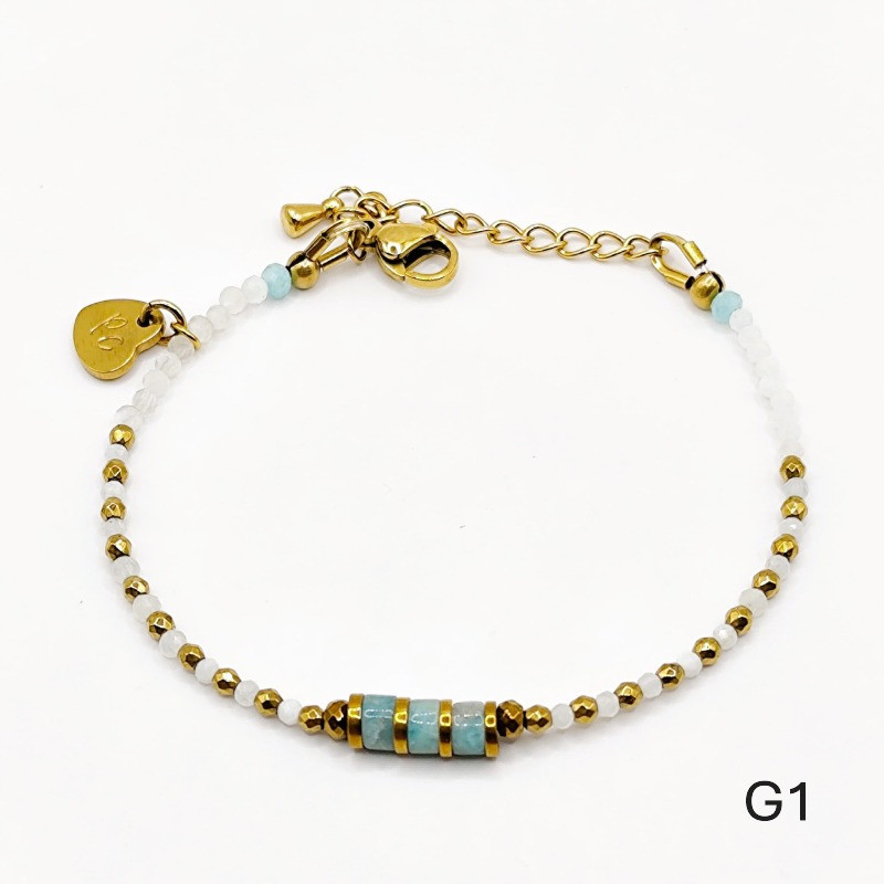 Bracelet 1 tour Gabriela – Pierre fine Amazonite et Pierre de Lune, perles dorées