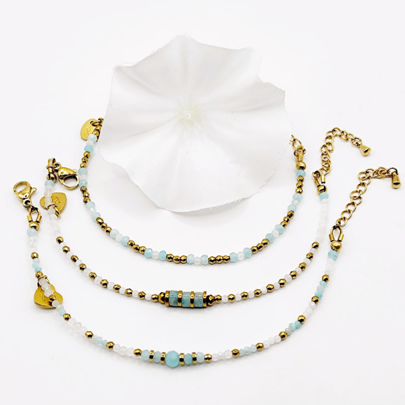 Bracelet 1 tour Gabriela – Pierre fine Amazonite et Pierre de Lune, perles dorées