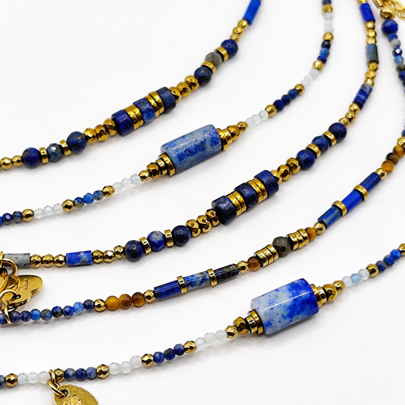 Collection Zouzou – Bracelets fins en lapis lazuli et labradorite, perles dorées Petit Cœur