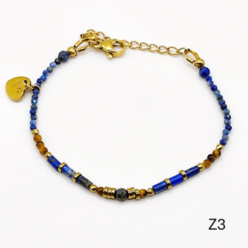 Collection Zouzou – Bracelets fins en lapis lazuli et labradorite, perles dorées Petit Cœur