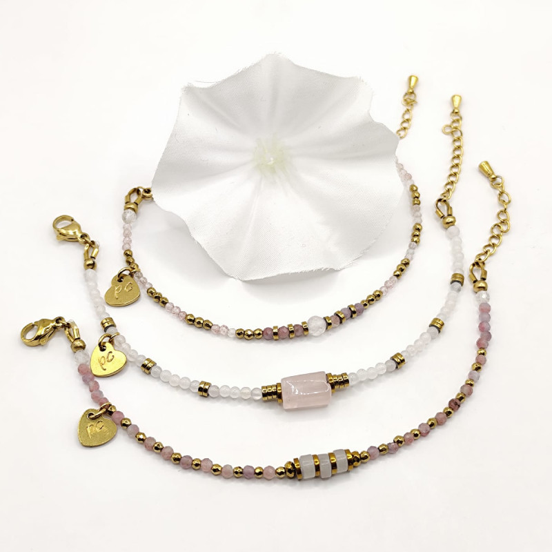 Bracelet fin en quartz & tourmaline – Collection Éloïse | Bijou doré en acier inoxydable