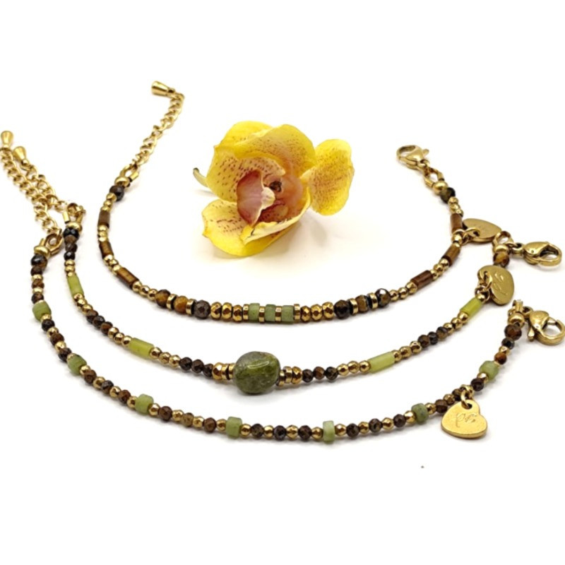 Bracelets fins Calvina – Œil de Tigre & Jade de Xynyl | Bijoux Petit Cœur