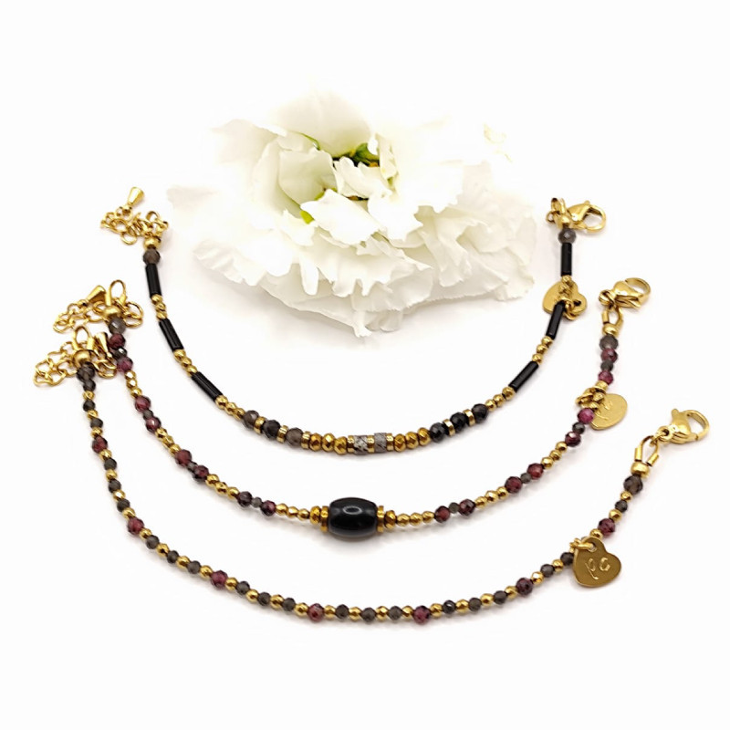 Bracelets fins Alizé – Obsidienne & Grenat | Bijoux Petit Cœur